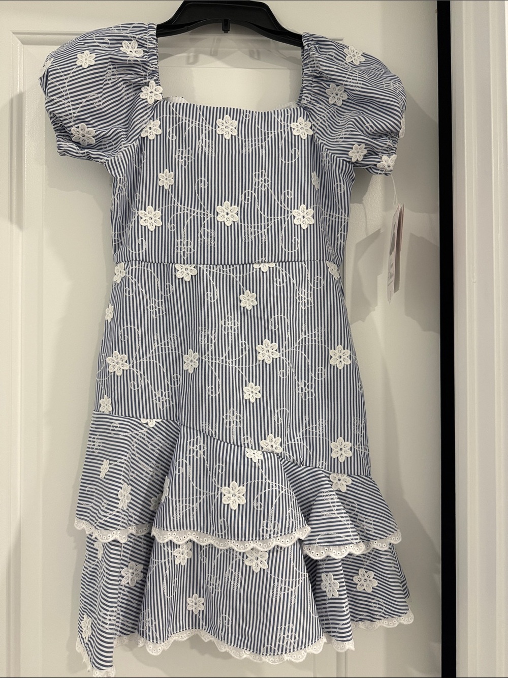Girls dress. Rare Editions Navy Stripe Floral Eyelet Tiered Dress